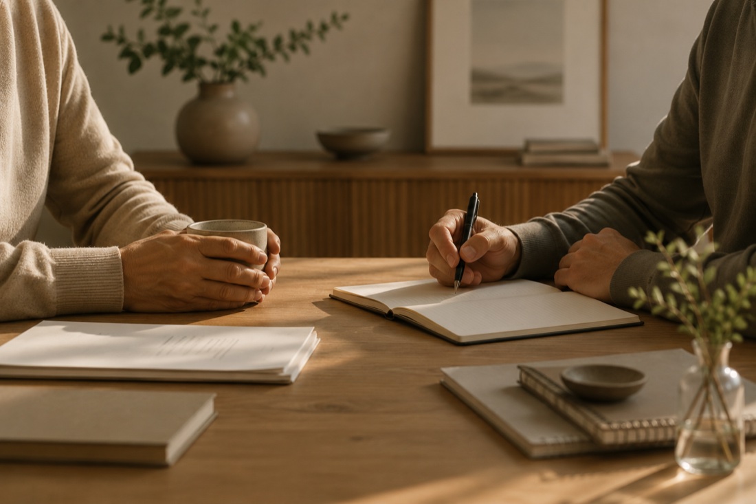 Two people in conversation at a table, one writing in a notebook