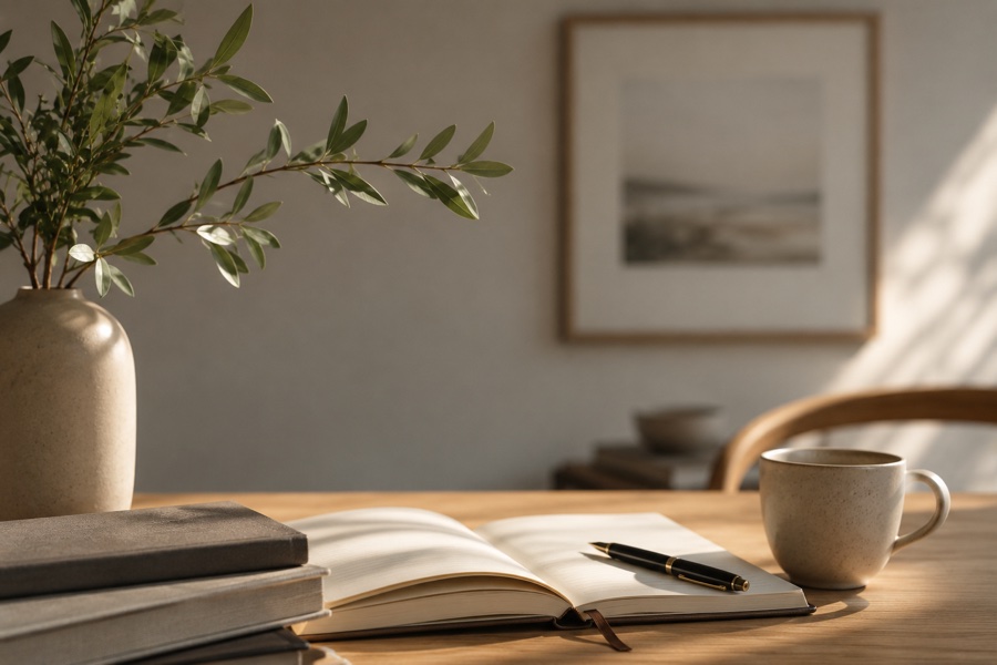 A calm workspace — notebook, pen, and coffee cup on a warm timber desk